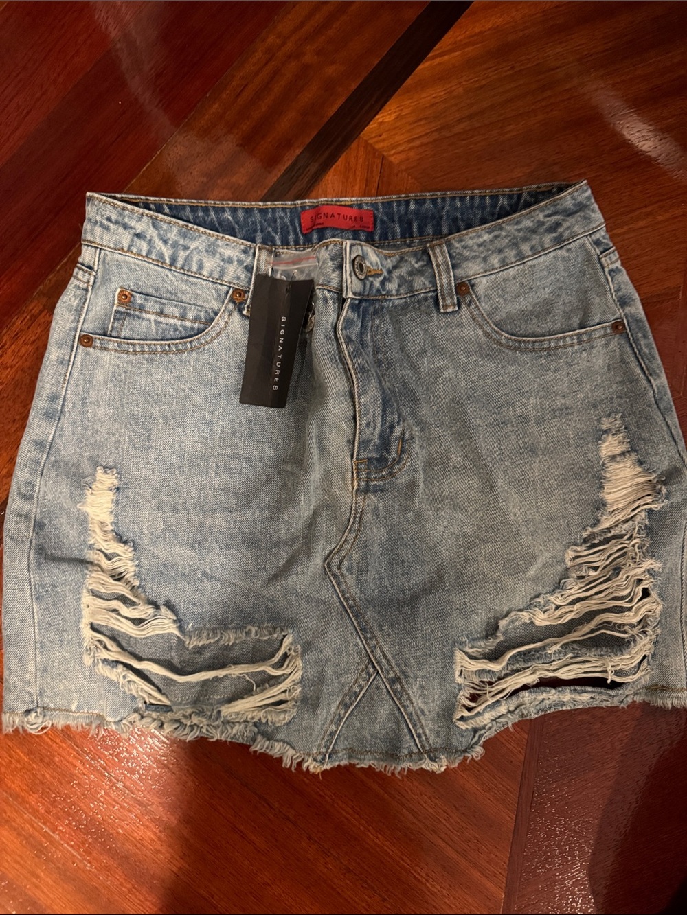 Signature8 Light Blue Distressed Denim Mini Skirt
